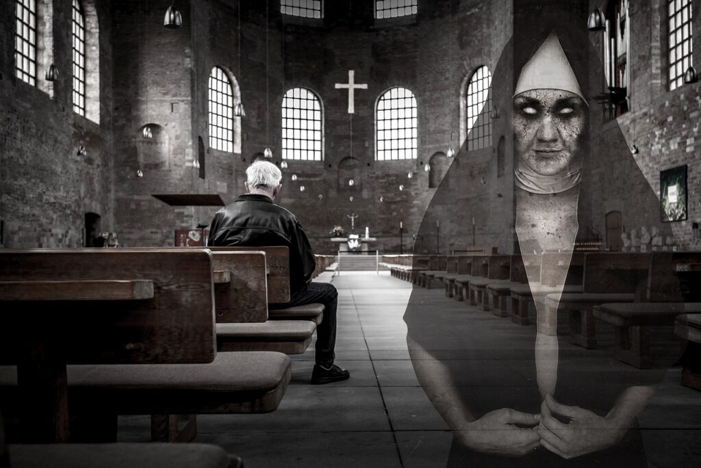 ghost, scary, nun, photo, religion, church, gray church, gray ghost, ghost, ghost, ghost, ghost, ghost, nun, nun
