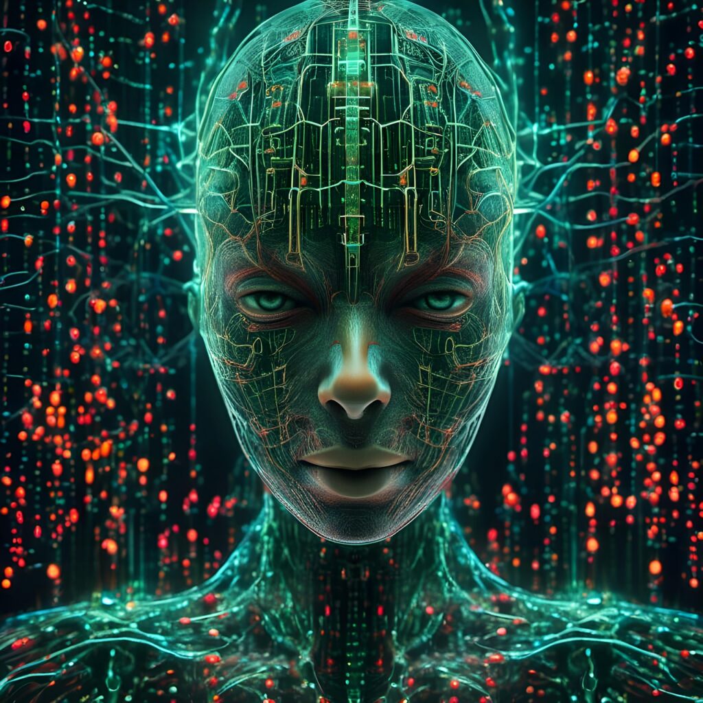 digital art, ai art, cyber, technology, tech, future, connected ai to network, cyborg, cyborg connect, future of ai